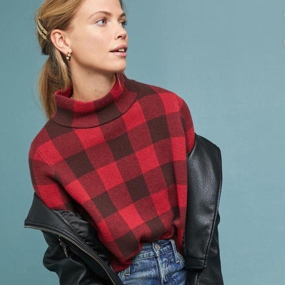 Anthropologie Field Flower Wool Blen Red/Black Buffalo Check Mock Neck S… - Picture 1 of 10